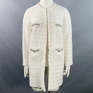 WEILL PARIS Size 12 White Cotton Blend Tweed Collarless Hook Eye Coat